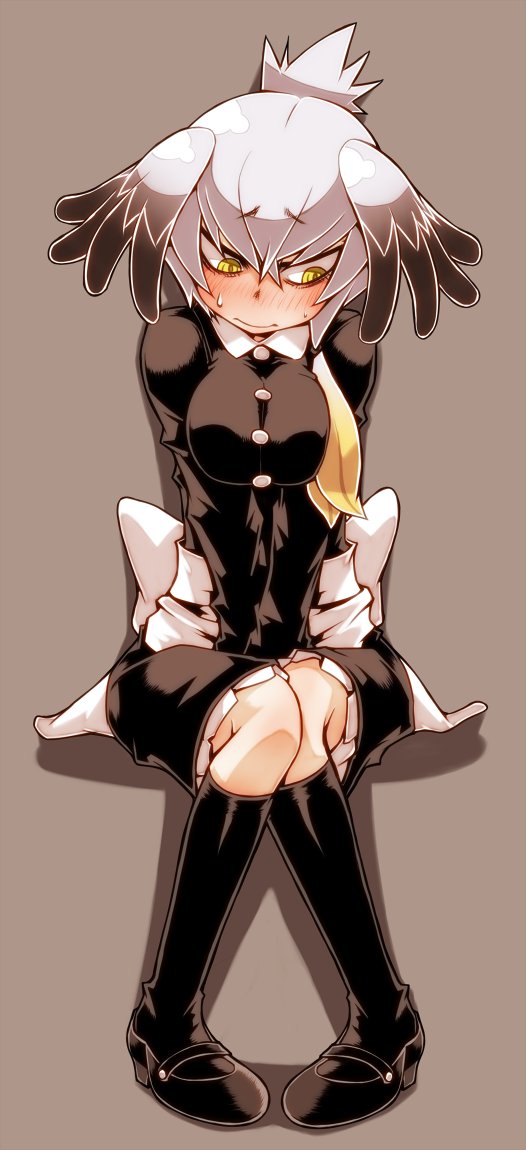 1girl alternate_costume ayame_(0419) back_bow bird_wings blonde_hair blush buttons collared_dress commentary_request dress dress_shoes embarrassed eyebrows_visible_through_hair frilled_dress frills full_body grey_hair hair_tie hands_on_lap head_wings kemono_friends kneehighs long_sleeves looking_away multicolored_hair nose_blush shoebill_(kemono_friends) short_hair sitting socks solo sweatdrop wings yellow_eyes