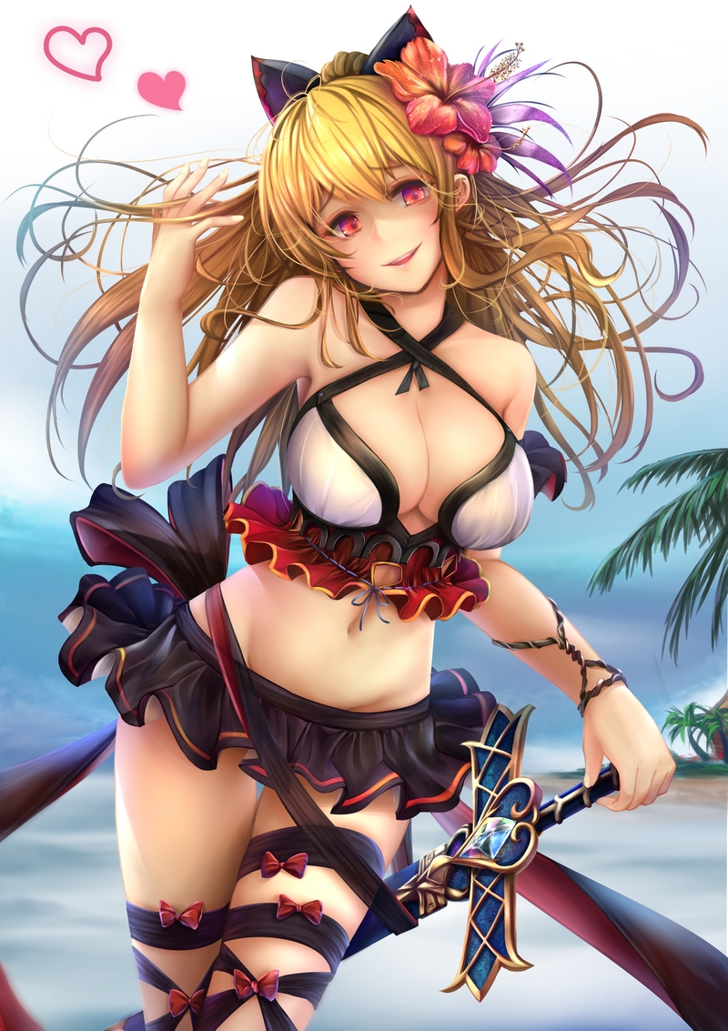 1girl anakin_sky_(utcc) bare_shoulders beach bikini blonde_hair bow breasts cleavage female flower granblue_fantasy hair_bow hair_flower hair_ornament hand_up head_tilt heart hibiscus highres large_breasts long_hair midriff navel orange_eyes outdoors ponytail sheath solo standing swimsuit sword vira vira_lilie weapon