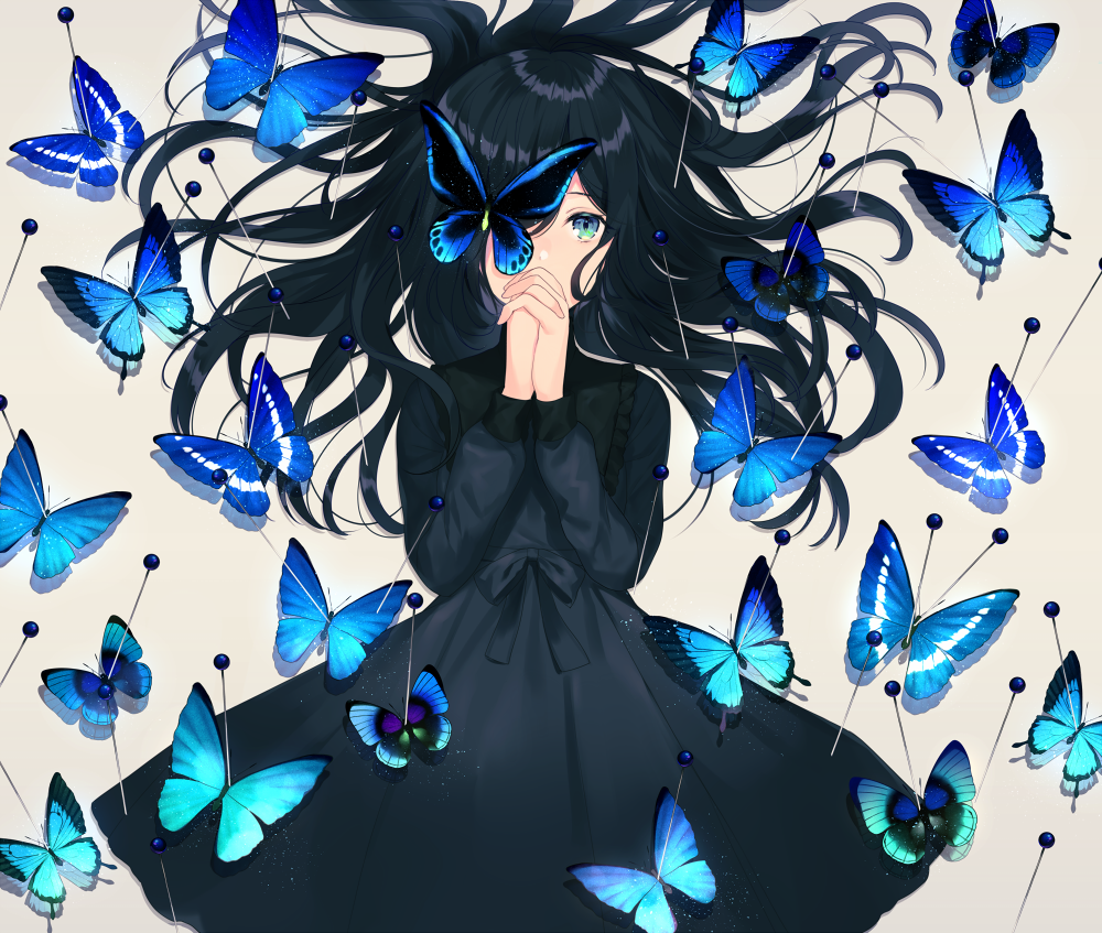 1girl achiki black_dress black_hair blue_butterfly blue_eyes bow bug butterfly covering_mouth covering_one_eye dress hands_clasped insect interlocked_fingers long_hair looking_at_another looking_at_viewer lying on_back original own_hands_together pin solo