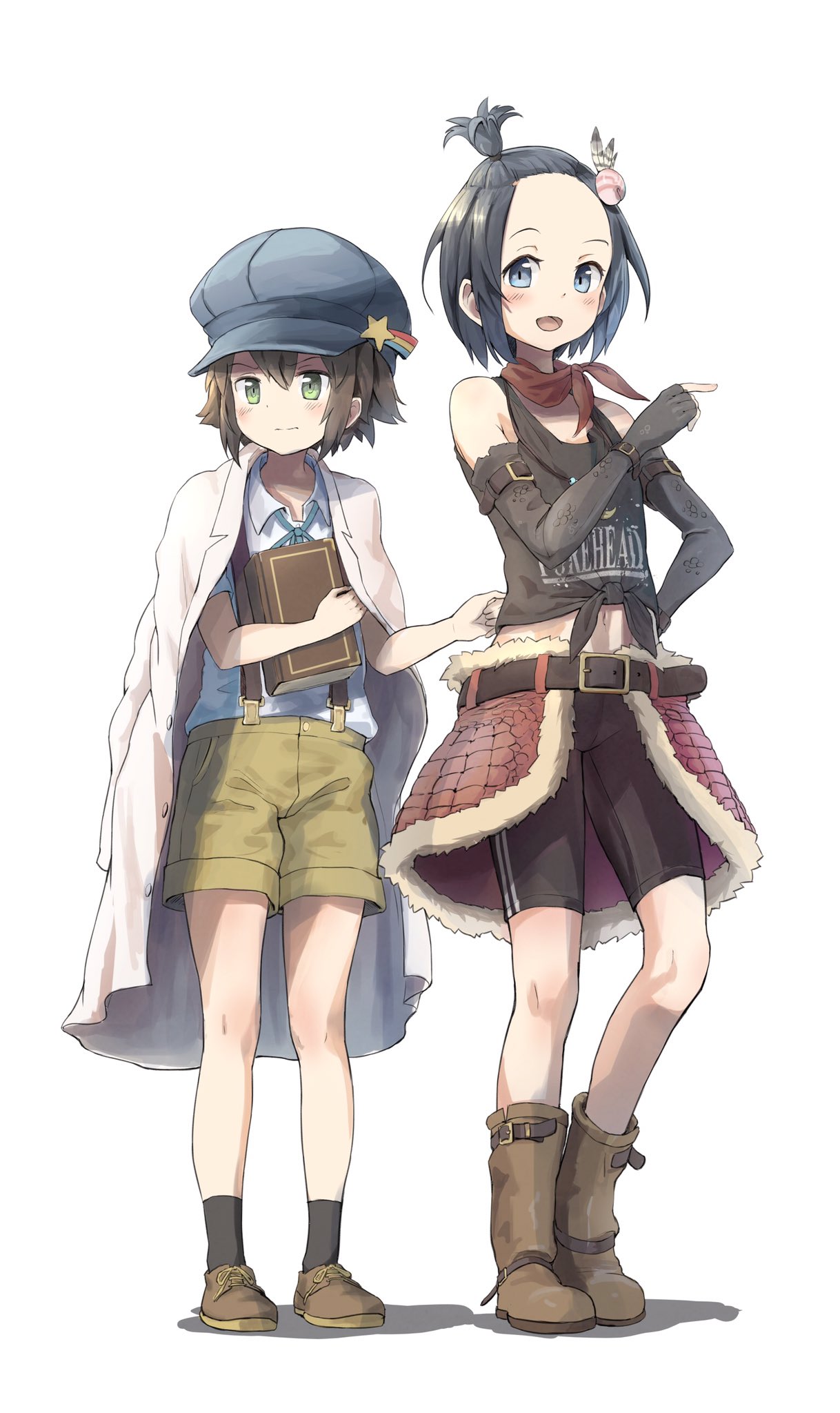 2girls :d bare_shoulders belt bike_shorts black_hair black_legwear blue_eyes blue_hat blush book boots brown_footwear brown_hair closed_mouth clothes_tug clothes_writing collared_shirt commentary_request elbow_gloves fingerless_gloves gloves green_eyes hair_ornament hand_on_hip hat highres holding holding_book jacket_on_shoulders kamemaru looking_at_viewer multiple_girls open_clothes open_mouth open_skirt original pointing red_skirt shirt shoes short_hair shorts skirt sleeveless sleeveless_shirt smile socks standing suspender_shorts suspenders topknot white_background white_shirt wing_collar