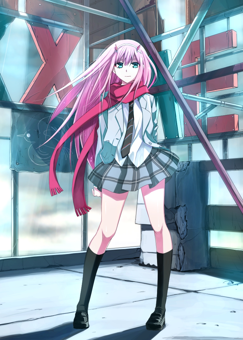 1girl aqua_eyes arms_behind_back bangs black_legwear breasts commentary_request darling_in_the_franxx hair_between_eyes hairband horns jacket kneehighs kuro_(1968) loafers long_hair looking_at_viewer medium_breasts necktie open_clothes open_jacket pink_hair pink_scarf plaid plaid_skirt red_horns scarf school_uniform shirt shoes skirt solo standing white_hairband white_shirt zero_two_(darling_in_the_franxx)