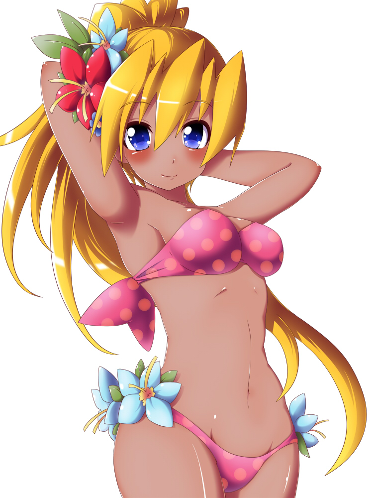 1girl arm_behind_head armpits arms_behind_head bangs bikini blonde_hair blue_eyes blue_flower blush breasts ciel_(rockman) cowboy_shot eyebrows_visible_through_hair flower hair_between_eyes hair_flower hair_ornament hand_behind_head high_ponytail long_hair looking_at_viewer medium_breasts midriff navel ponytail red_flower rockman rockman_xover rockman_zero semikichi sideboob simple_background smile solo swimsuit tan white_background