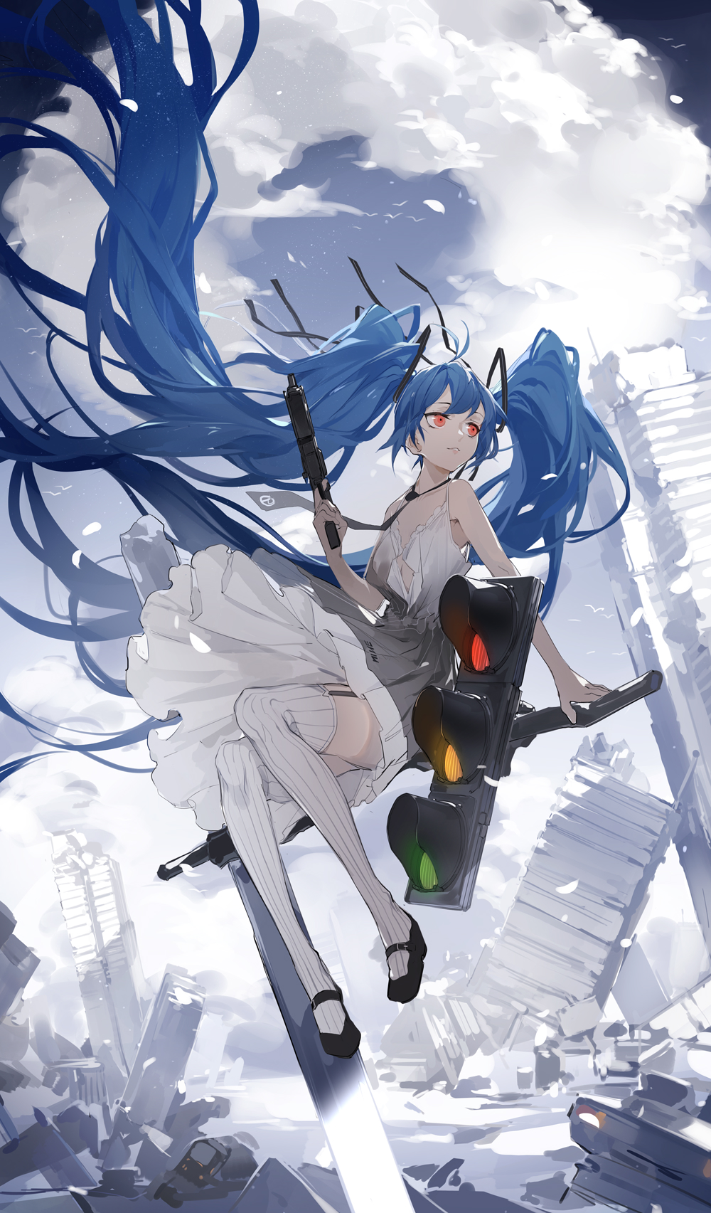 1girl arm_support bangs bare_shoulders black_footwear black_neckwear black_ribbon blue_hair building closed_mouth clouds commentary dress eyebrows_visible_through_hair finger_on_trigger floating_hair full_body garter_straps girls_frontline grey_dress gun highres holding holding_gun holding_weapon lamppost long_hair looking_away looking_to_the_side mary_janes necktie nine_(liuyuhao1992) no_bra ribbon shipka_(girls_frontline) shoes sidelocks sitting sleeveless sleeveless_dress solo striped striped_legwear thigh-highs thighs traffic_light twintails very_long_hair weapon white_legwear wind wind_lift