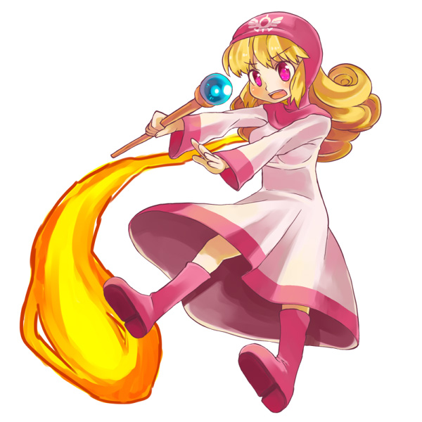 1girl blonde_hair blush breasts commentary_request curly_hair dragon_quest dragon_quest_ii dress hat hood hood_up long_hair princess princess_of_moonbrook solo sora-mame staff weapon white_dress white_robe