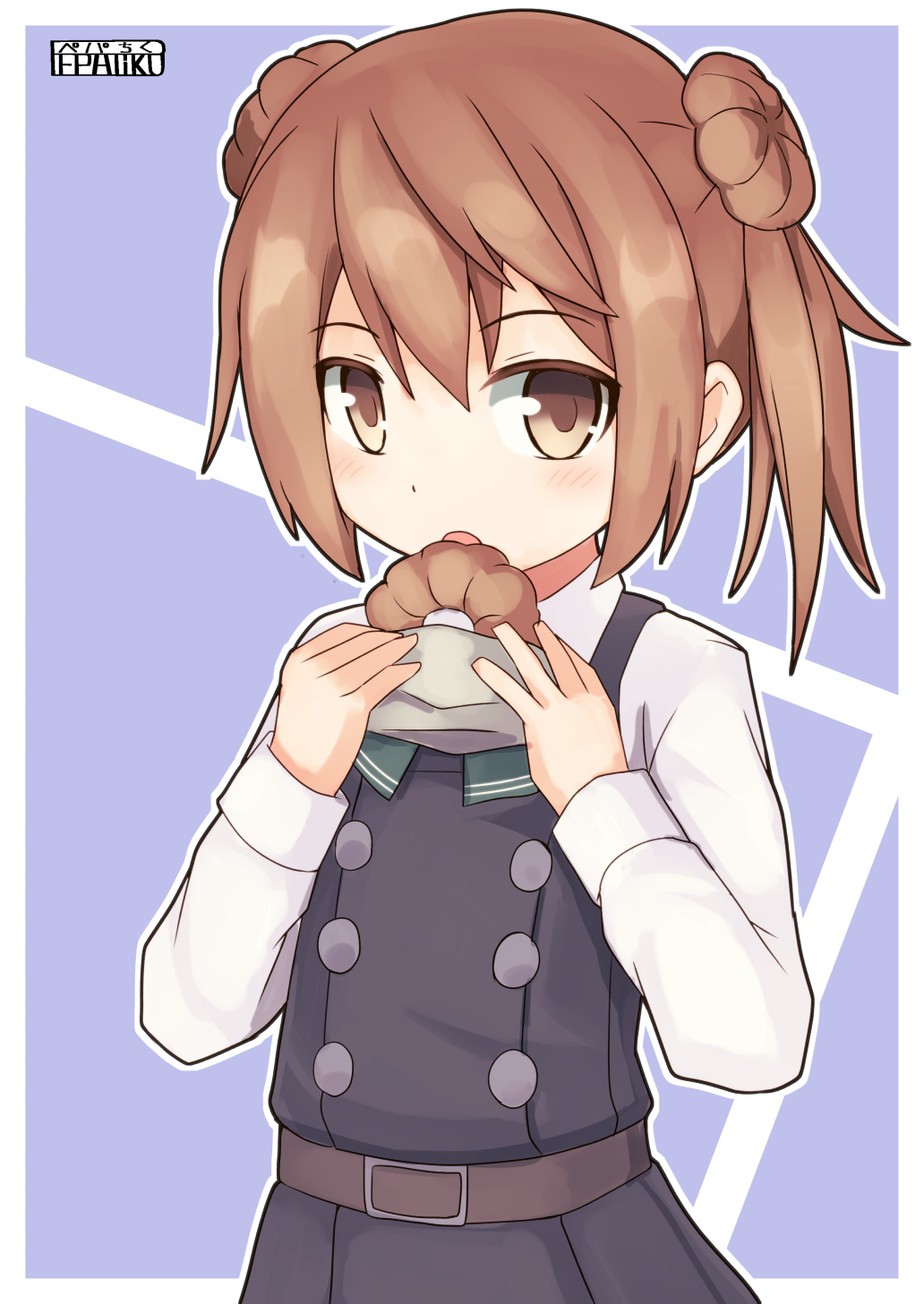 1girl artist_name brown_hair double_bun doughnut dress eating food french_cruller highres kantai_collection michishio_(kantai_collection) open_mouth outline outside_border pepatiku pinafore_dress remodel_(kantai_collection) short_twintails signature solo twintails upper_body white_border