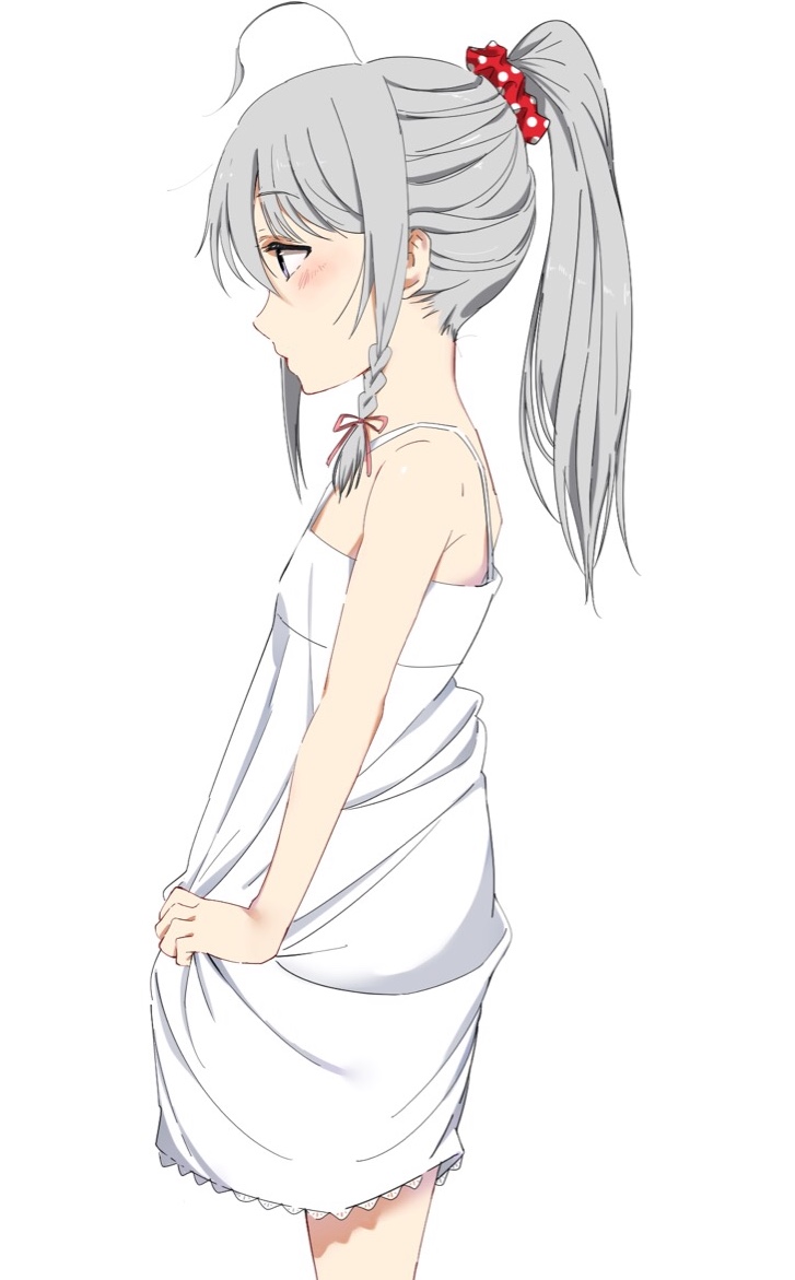 1girl ahoge braid dress dress_grab from_side grey_eyes hoshi_shouko idolmaster idolmaster_cinderella_girls long_hair ponytail scrunchie silver_hair simple_background solo sundress vivid_(key) white_background white_dress