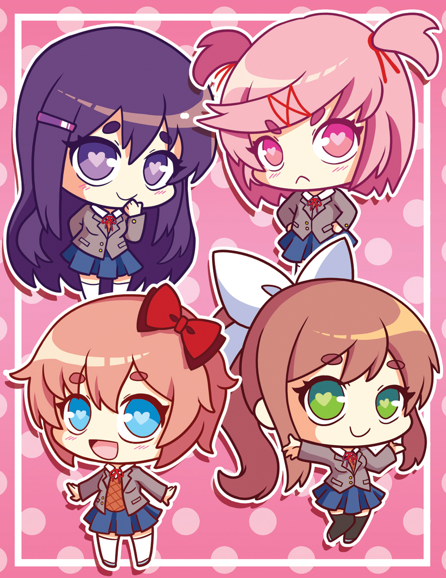 4girls :&lt; :d black_legwear blue_eyes bow brown_hair chibi commentary doki_doki_literature_club english_commentary eyebrows_visible_through_hair green_eyes hair_bow hair_ornament hair_ribbon hairclip hands_on_hips heart heart-shaped_pupils long_hair looking_at_viewer monika_(doki_doki_literature_club) multiple_girls natsuki_(doki_doki_literature_club) open_mouth outline outstretched_arm pink_background pink_eyes pink_hair polka_dot polka_dot_background ponytail red_bow ribbon runeechan sayori_(doki_doki_literature_club) school_uniform short_hair smile symbol-shaped_pupils two_side_up white_legwear white_outline white_ribbon