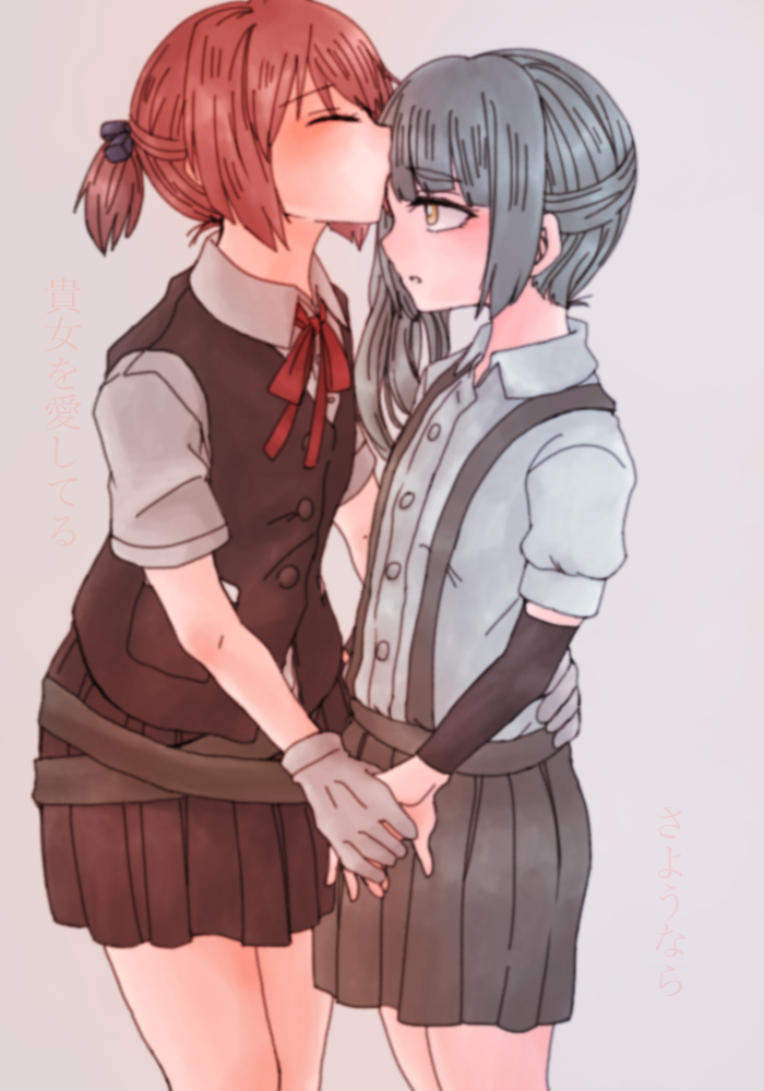 2girls blush closed_eyes forehead_kiss from_side gloves grey_hair kantai_collection kasumi_(kantai_collection) kiss multiple_girls nekura_kuroraro open_mouth pleated_skirt shiranui_(kantai_collection) short_sleeves side_ponytail skirt yellow_eyes yuri