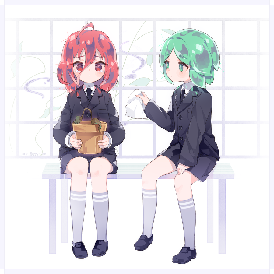 2others ahoge alternate_costume androgynous bench blazer captain_yue flower_pot green_eyes green_hair hair_between_eyes handkerchief houseki_no_kuni jacket kneehighs long_bangs mercury necktie phosphophyllite plant red_eyes redhead shinsha_(houseki_no_kuni) short_hair shorts sitting sparkle tearing_up tears uniform