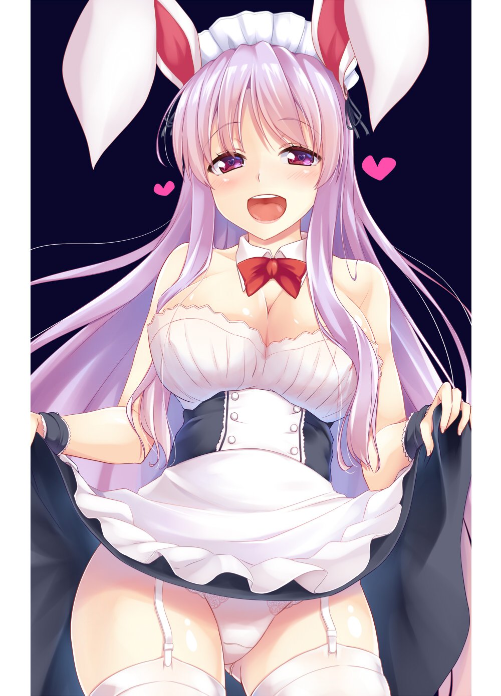 1girl :d alternate_costume animal_ears apron bare_arms bare_shoulders black_background blush bow bowtie breasts cleavage commentary_request cowboy_shot detached_collar dress dress_lift enmaided eyebrows_visible_through_hair garter_straps heart highres kue large_breasts lifted_by_self long_hair maid maid_apron maid_headdress open_mouth panties purple_hair rabbit_ears red_bow red_eyes red_neckwear reisen_udongein_inaba sidelocks simple_background smile solo standing strapless strapless_dress thigh-highs touhou underwear very_long_hair waist_apron white_apron white_legwear white_panties wrist_cuffs