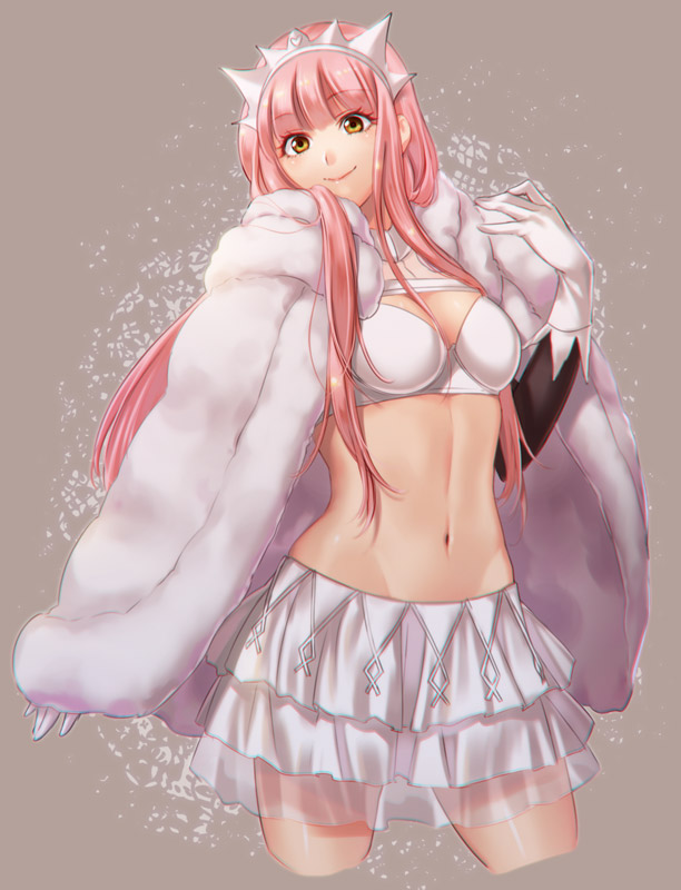 1girl bra brown_eyes cape cowboy_shot fate/grand_order fate_(series) gloves grey_background long_hair medb_(fate/grand_order) midriff navel pink_hair simple_background skirt smile solo standing tiara underwear white_bra white_gloves white_skirt zanshi