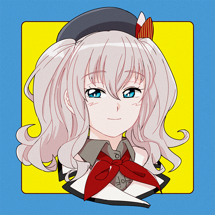 1girl beret black_hat blue_background blue_eyes epaulettes hat kantai_collection kashima_(kantai_collection) looking_at_viewer military_jacket neckerchief ojipon red_neckwear sidelocks silver_hair smile solo tsurime twintails two-tone_background upper_body wavy_hair yellow_background