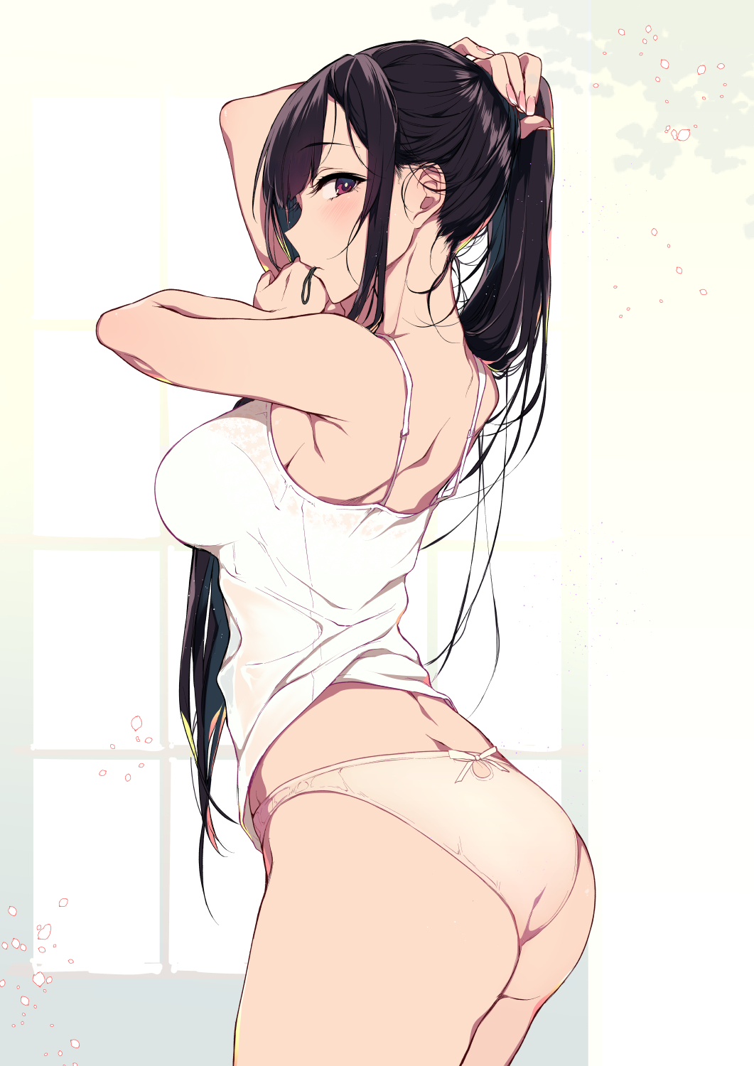1girl ane_naru_mono ass black_hair breasts bright_pupils camisole chiyo_(ane_naru_mono) commentary_request cowboy_shot eyebrows_visible_through_hair fingernails from_side hair_tie hand_up highres long_fingernails long_hair looking_at_viewer medium_breasts mouth_hold no_pants panties pochi_(pochi-goya) profile sidelocks simple_background solo spaghetti_strap tying_hair underwear very_long_hair violet_eyes white_background white_panties white_pupils