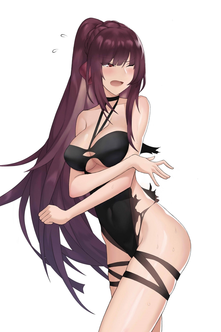 1girl arm_across_waist bangs bare_arms black_swimsuit blush breasts casual_one-piece_swimsuit cero_(last2stage) choker cleavage collarbone cowboy_shot eyebrows_visible_through_hair eyes_visible_through_hair flying_sweatdrops girls_frontline hair_ribbon large_breasts long_hair looking_away one-piece_swimsuit one_eye_closed open_mouth ponytail purple_hair red_eyes ribbon sidelocks simple_background skindentation solo sweat swimsuit thigh_strap thighs torn_clothes torn_swimsuit very_long_hair wa2000_(girls_frontline) white_background