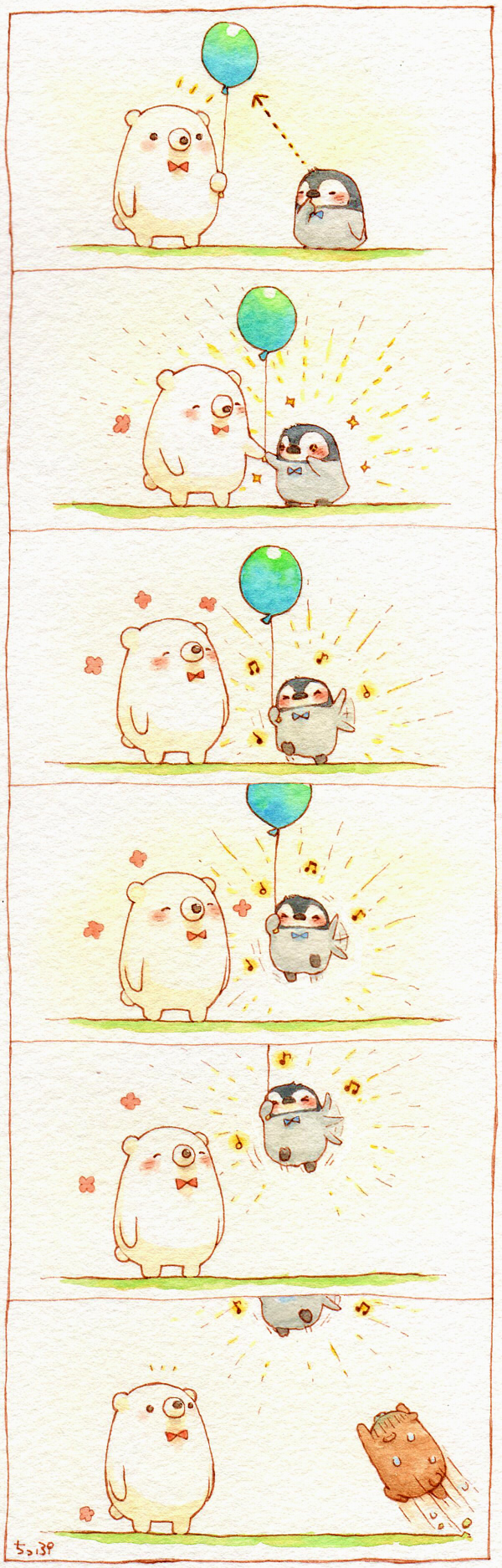 &gt;_&lt; 6koma animal artist_name balloon bear bird blush bow bowtie closed_eyes colored_pencil_(medium) comic directional_arrow facing_another floating highres holding_balloon looking_at_another musical_note musical_note_request no_humans original penguin red_bow red_neckwear speed_lines st.kuma sweat traditional_media watercolor_(medium)
