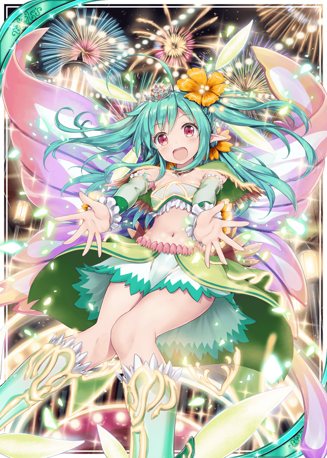 1girl :d akkijin blue_hair boots breasts cape card_(medium) carnival cleavage crown dress fairy fairy_wings fireworks flower green_cape green_dress hair_flower hair_ornament official_art open_mouth pixie_servant_(shinkai_no_valkyrie) pointy_ears red_eyes shinkai_no_valkyrie smile solo wings yellow_flower