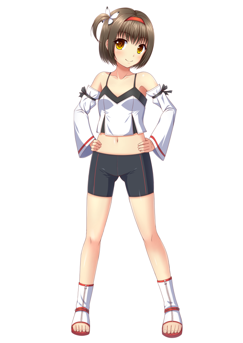 1girl bike_shorts brown_eyes brown_hair camisole collarbone detached_sleeves eyebrows_visible_through_hair hair_ornament hairband hands_on_hips ki_(kk-sk-ray) legs_apart looking_at_viewer navel original red_hairband short_hair smile solo white_background