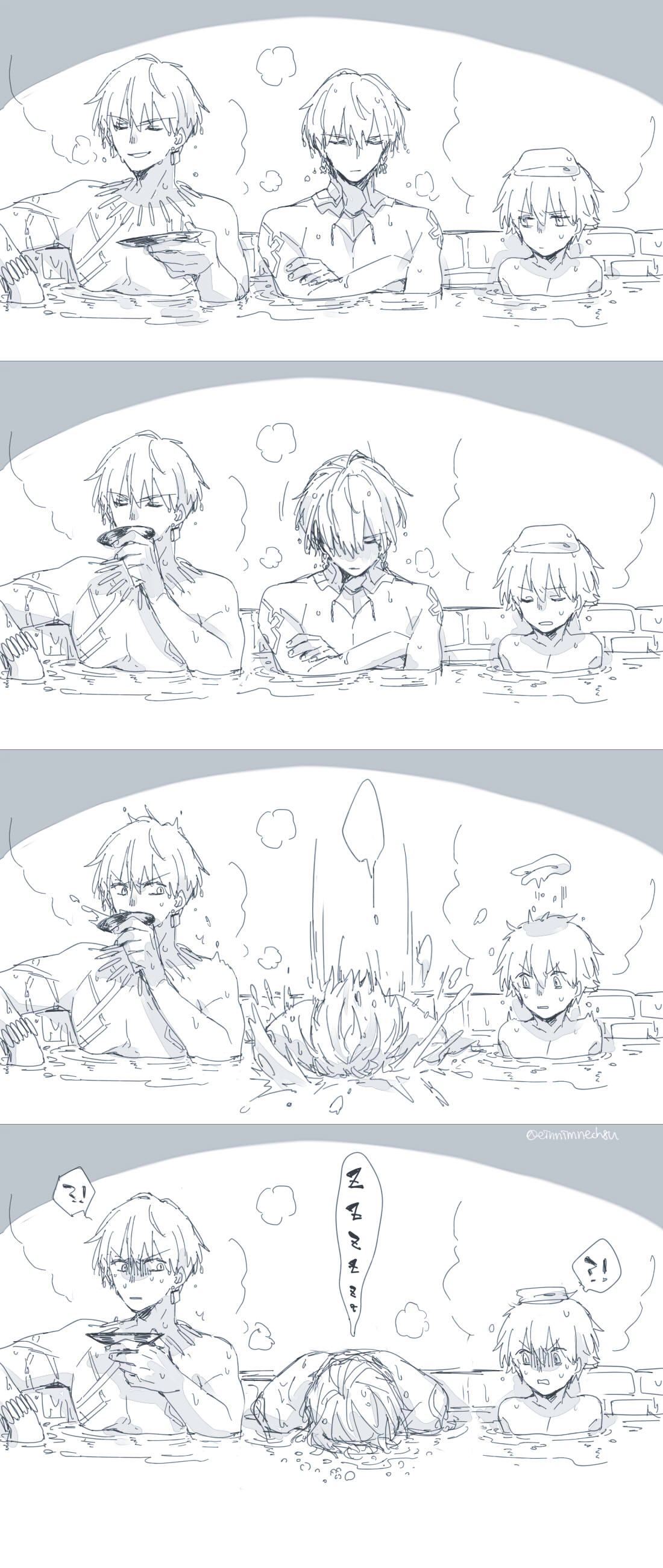 !? 3boys 88_(einnimnech) absurdres bath bathing child_gilgamesh commentary_request cup earrings fate/grand_order fate_(series) gilgamesh gilgamesh_(caster)_(fate) highres jewelry male_focus monochrome multiple_boys multiple_persona necklace nude onsen partially_submerged sakazuki sleeping sleeping_upright spoken_interrobang steam surprised tattoo towel towel_on_head twitter_username zzz
