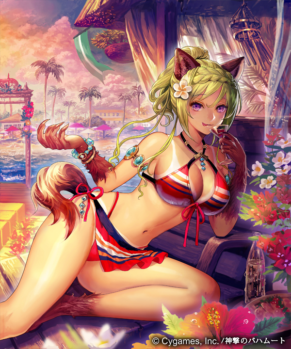 1girl animal_ears blush breasts chimes cleavage company_name copyright_name eyebrows_visible_through_hair flower green_hair hair_flower hair_ornament large_breasts looking_at_viewer lying mayachise navel official_art on_side parted_lips shingeki_no_bahamut short_hair smile solo swimsuit tail tan tanline tongue tongue_out violet_eyes