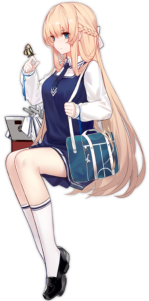 1girl azur_lane bag bangs black_footwear blonde_hair blue_dress blue_eyes blue_neckwear bow braid breasts bug butterfly butterfly_on_hand closed_mouth collared_shirt dress french_braid glorious_(azur_lane) hair_between_eyes hair_ribbon handbag insect kinven large_breasts long_hair long_sleeves necktie ribbon school_uniform shirt shoes single_braid sitting sleeves_past_wrists smile socks solo straight_hair turret undershirt very_long_hair white_bow white_legwear white_ribbon white_shirt