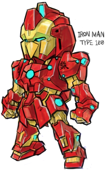 aburaya_tonbi aqua_eyes character_name chibi full_body fusion glowing gundam hyaku_shiki iron_man iron_man_(comics) looking_away marvel mechanization simple_background solo standing white_background zeta_gundam