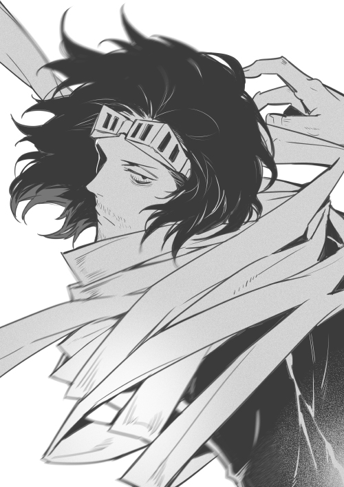 1boy aizawa_shouta bags_under_eyes boku_no_hero_academia eyewear_on_head facial_hair long_hair male_focus mescaline monochrome scarf solo stubble visor