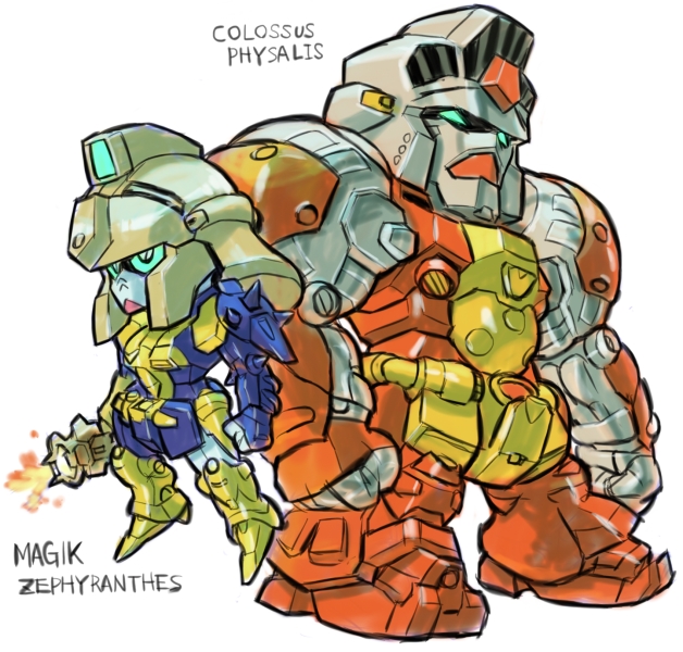 aburaya_tonbi character_name chibi colossus_(x-men) full_body fusion green_eyes gundam gundam_0083 gundam_gp-01_zephyranthes gundam_gp-02_physalis height_difference magik marvel mechanization simple_background standing white_background x-men