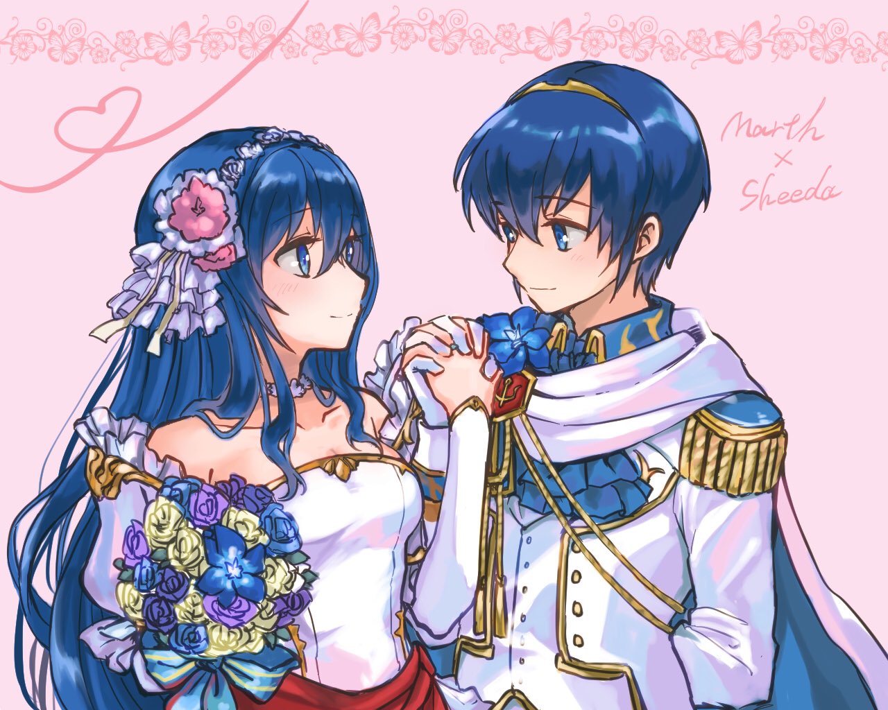 1boy 1girl bare_shoulders blue_eyes blue_hair blush bride couple cute dress elbow_gloves fire_emblem fire_emblem:_mystery_of_the_emblem fire_emblem_heroes fire_emblem_musou formal gloves hair_ornament hetero husband_and_wife intelligent_systems jewelry kumakosion long_hair love marth necklace nintendo sheeda short_hair simple_background smile strapless suit super_smash_bros. tiara wedding_dress white_dress white_gloves