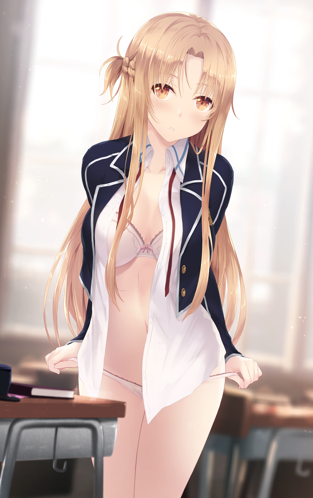 1girl asuna_(sao) bangs blurry bra braid breasts brown_eyes brown_hair cait classroom crown_braid depth_of_field desk highres long_hair long_sleeves looking_at_viewer medium_breasts navel open_clothes open_shirt panties parted_lips school_uniform solo sword_art_online underwear undressing yuuki_asuna