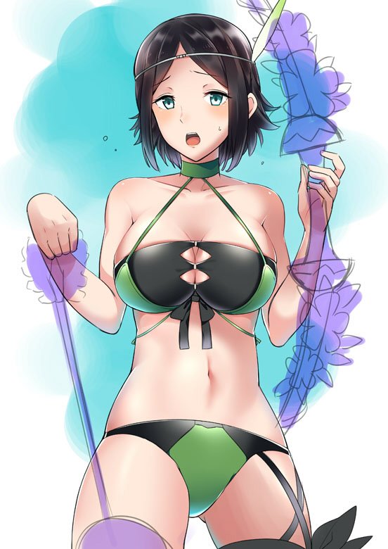 1girl arrow bare_shoulders bikini black_hair bow_(weapon) breasts circlet cleavage feathers fire_emblem fire_emblem:_kakusei fire_emblem_heroes holding holding_arrow holding_bow_(weapon) holding_weapon large_breasts mejiro midriff navel noire_(fire_emblem) open_mouth partially_colored short_hair solo swimsuit weapon