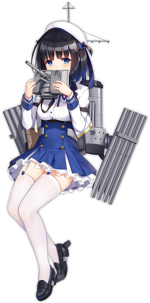 1girl acasta_(azur_lane) allenes anchor_symbol azur_lane bangs beret black_footwear black_hair blue_bow blue_eyes blue_skirt blush bow breasts buttons covered_mouth dress_shirt eyebrows eyebrows_visible_through_hair frilled_shirt frills full_body furrowed_eyebrows garter_straps hair_bow hands_up hat high-waist_skirt holding long_sleeves machinery medium_breasts official_art one_side_up shirt shoes short_hair simple_background skirt sleeve_cuffs solo tachi-e thigh-highs transparent_background turret white_hat white_legwear white_shirt zettai_ryouiki