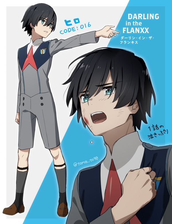 1boy bangs black_hair blood blood_on_face blue_eyes brown_footwear commentary_request darling_in_the_franxx dual_persona eyebrows_visible_through_hair hand_on_own_chest hiro_(darling_in_the_franxx) long_sleeves male_focus military military_uniform necktie open_mouth red_neckwear shoes short_hair signature socks solo toma_(norishio) uniform