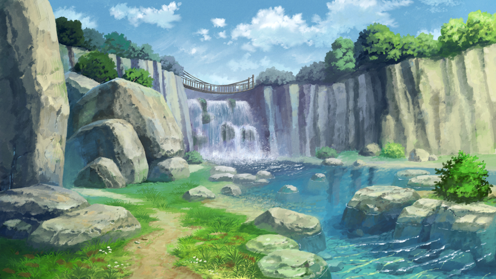 blue_sky bridge clouds cloudy_sky commentary_request day fantasy grass naohiro nature no_humans original outdoors path river road rock scenery sky water waterfall