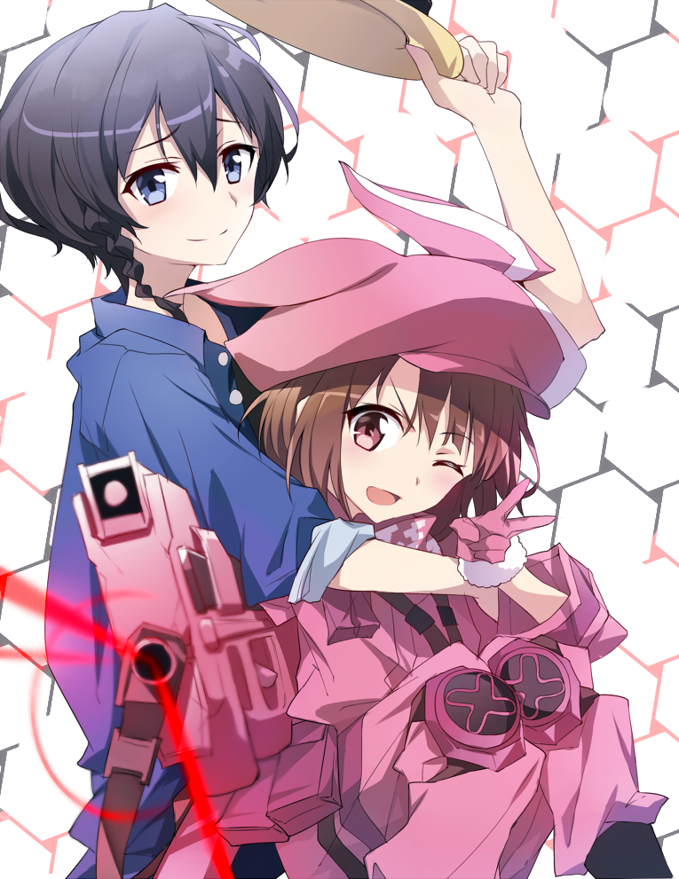 2girls animal_hat arm_up bangs black_hair blue_eyes blue_shirt braid brown_eyes brown_hair bullpup bunny_hat commentary_request eyebrows_visible_through_hair fur-trimmed_gloves fur_trim gloves gun hair_between_eyes hat hat_removed headwear_removed holding holding_hat jacket kohiruimaki_karen llenn_(sao) long_hair long_sleeves multiple_girls p-chan_(p-90) p90 pants pink_gloves pink_hat pink_jacket pink_pants shirt submachine_gun sword_art_online sword_art_online_alternative:_gun_gale_online tsuedzu v weapon