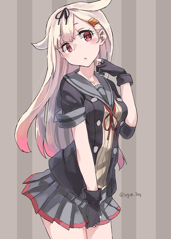 1girl :o alternate_costume black_gloves black_jacket black_ribbon blonde_hair blush breasts collarbone commentary cosplay cowboy_shot gloves gradient_hair grey_background grey_sailor_collar hair_between_eyes hair_flaps hair_ornament hair_ribbon hairclip head_tilt jacket kantai_collection long_hair looking_at_viewer multicolored_hair neck_ribbon partly_fingerless_gloves pleated_skirt red_eyes red_neckwear redhead ribbon sailor_collar school_uniform serafuku short_sleeves skirt solo striped striped_background sugue_tettou sweater twitter_username vertical-striped_background vertical_stripes yellow_sweater yura_(kantai_collection) yura_(kantai_collection)_(cosplay) yuudachi_(kantai_collection)