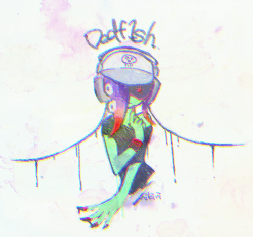 1girl baseball_cap character_name closed_mouth cropped_torso dedf1sh finger_to_chin goggles green_skin hair_over_one_eye hat headphones looking_at_viewer lowres octarian shirt splatoon splatoon_2 t-shirt tentacle_hair wristband