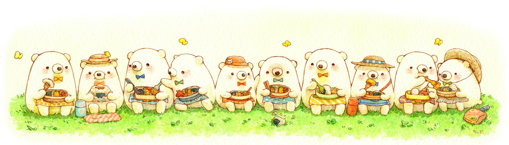 animal artist_name bear blush bow bowtie bug butterfly colored_pencil_(medium) eating food food_request fork holding holding_fork insect looking_at_another no_humans onigiri original st.kuma traditional_media watercolor_(medium)