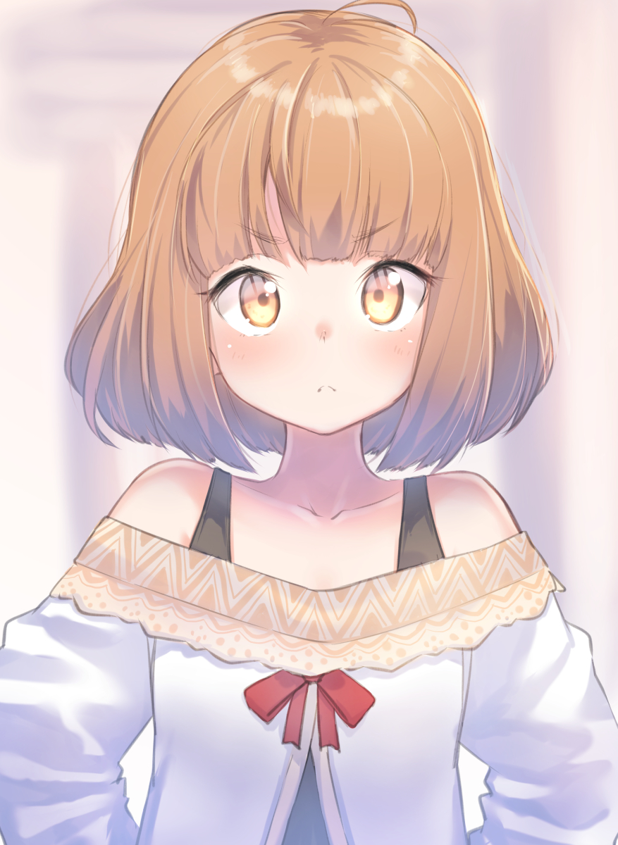 &gt;:( 1girl ahoge bangs bare_shoulders blurry blurry_background blush brown_eyes brown_hair closed_mouth collarbone commentary_request depth_of_field dress eyebrows_visible_through_hair hands_on_hips highres long_hair looking_at_viewer off-shoulder_dress off_shoulder original short_hair solo v-shaped_eyebrows white_dress yuki_arare