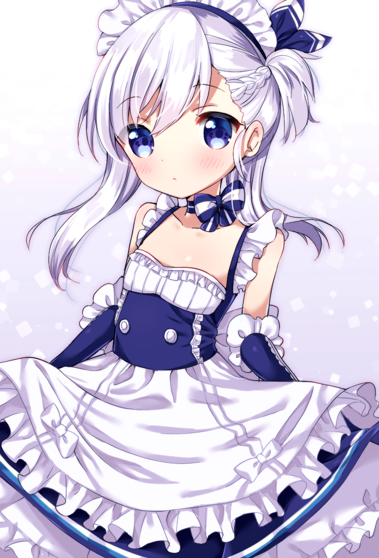 1girl apron azur_lane bangs bare_shoulders belchan_(azur_lane) belfast_(azur_lane) blue_bow blue_dress blue_eyes blue_ribbon bow braid collarbone commentary_request dress elbow_gloves eyebrows_visible_through_hair frilled_apron frills gloves hair_between_eyes hair_ribbon maid maid_headdress one_side_up ribbon silver_hair sleeveless sleeveless_dress solo striped striped_bow uchuuneko waist_apron white_apron
