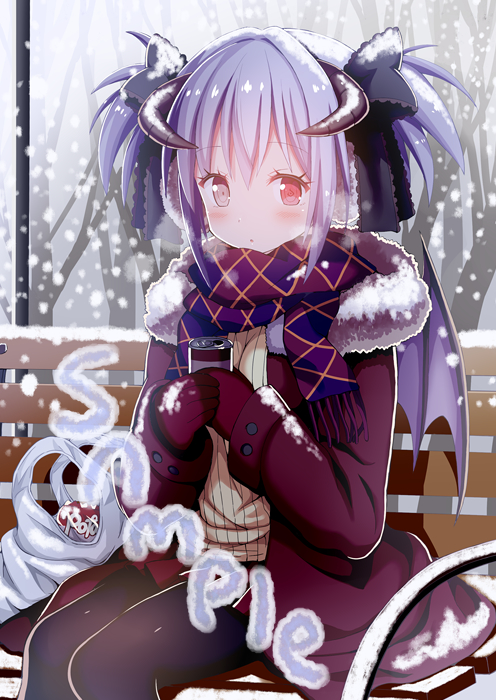1girl :o bag bangs bench black_bow black_legwear blush bow breath brown_eyes brown_sweater can coat copyright_request curled_horns day demon_girl demon_horns demon_wings earmuffs eyebrows_visible_through_hair fringe fur-trimmed_coat fur_trim givuchoko gloves hair_between_eyes hair_bow holding holding_can horns long_hair long_sleeves looking_at_viewer on_bench open_clothes open_coat outdoors pantyhose park_bench parted_lips plastic_bag pleated_skirt purple_hair purple_wings red_coat red_eyes red_gloves red_skirt ribbed_sweater sample scarf shopping_bag sitting skirt snow snowing solo sweater tree twintails wings