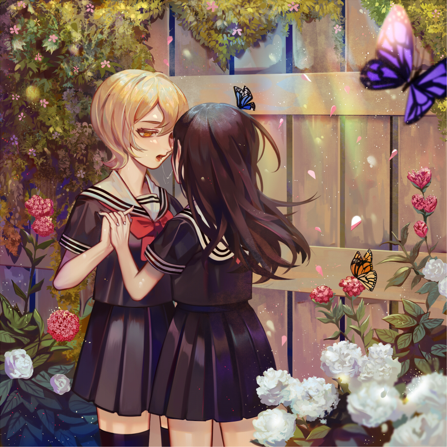 2girls after_kiss asagiri_aya black_legwear black_skirt blonde_hair brown_hair bug butterfly day eye_contact fence flower garden hair_between_eyes hand_holding insect long_hair looking_at_another mahou_shoujo_site monarch_butterfly multiple_girls open_mouth outdoors red_eyes saliva saliva_trail school_uniform serafuku skirt standing thigh-highs white_flower yatsumura_tsuyuno yuri ziiiing