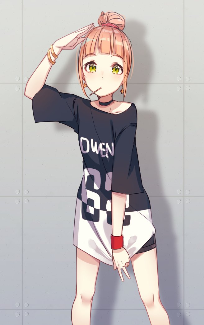 1girl bangs bike_shorts black_choker black_shirt blunt_bangs bracelet choker clothes_writing commentary_request drop_shadow earrings hair_bun hand_up ichiren_namiro jewelry legs_apart looking_at_viewer original pulled_by_self shirt shirt_pull solo star star_earrings v wristband