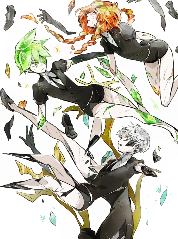 4others androgynous braid breaking broken cairngorm_(houseki_no_kuni) colored_eyelashes crystal gem gem_uniform_(houseki_no_kuni) golden_arms green_eyes green_hair houseki_no_kuni long_hair missing_limb multicolored_hair multiple_braids necktie orange_eyes orange_hair out_of_frame peridot_(houseki_no_kuni) phosphophyllite shards short_hair shumiko_(kamenokoueki) sphene_(houseki_no_kuni) white_background white_eyes white_hair