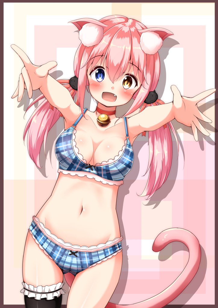 1girl :d animal_ears bangs bare_arms bare_shoulders bell bell_choker black_legwear blue_bra blue_eyes blue_panties blush bow bow_bra bow_panties bra breasts brown_eyes cat_ears cat_girl cat_hair_ornament cat_tail choker cleavage collarbone commentary_request dutch_angle eyebrows_visible_through_hair fang frilled_legwear gluteal_fold hair_between_eyes hair_ornament hair_ribbon heterochromia jingle_bell long_hair low_twintails medium_breasts mochiyuki navel open_mouth original outstretched_arms panties pink_hair plaid plaid_bra plaid_panties red_choker red_ribbon ribbon single_thighhigh smile solo tail thigh-highs twintails underwear