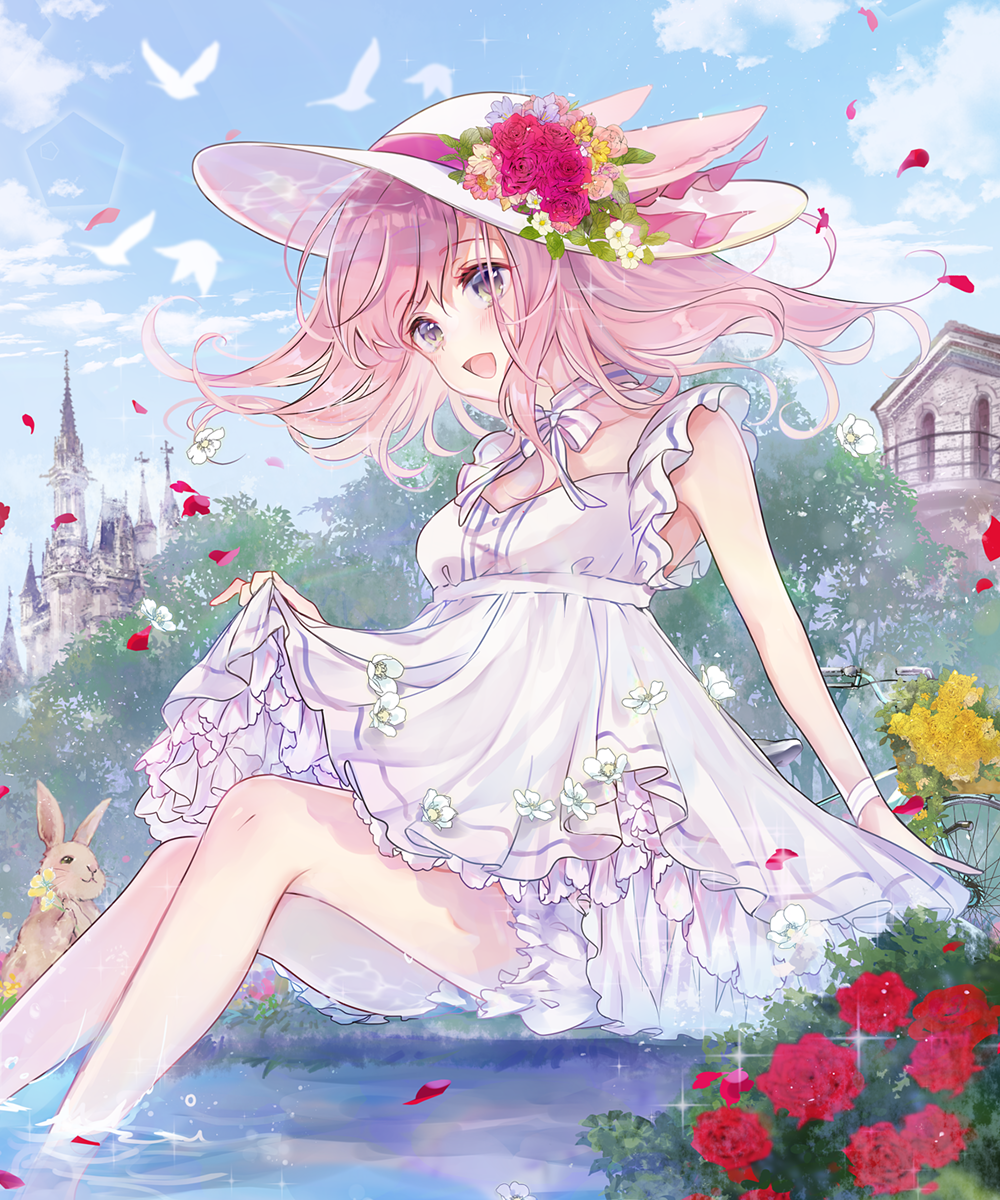1girl :d animal bangs bicycle bird blue_sky blush bow breasts brown_eyes castle clouds collarbone commentary_request day dress eyebrows_visible_through_hair flower flying ground_vehicle hair_between_eyes hat hat_flower highres long_hair open_mouth original outdoors petals pink_flower pink_hair purple_flower rabbit red_flower red_rose rose rose_petals sitting sky sleeveless sleeveless_dress small_breasts smile soaking_feet solo striped striped_bow sun_hat water wet white_bow white_dress white_flower white_hat yellow_flower yuge_(mkmk)