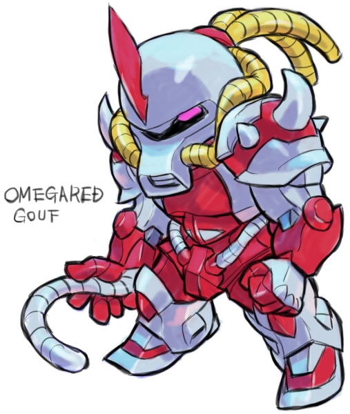 aburaya_tonbi character_name chibi full_body fusion gouf gundam horn looking_at_viewer marvel mechanization mobile_suit_gundam omega_red one-eyed pink_eyes simple_background solo standing tentacle white_background x-men