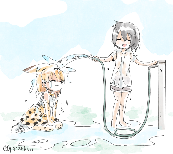 2girls ^_^ alternate_costume animal_ears animal_print bare_legs bare_shoulders barefoot black_hair blue_sky bow bowtie closed_eyes closed_mouth day ears_down elbow_gloves extra_ears eyebrows_visible_through_hair facing_another full_body gloves hands_up happy high-waist_skirt hose kaban_(kemono_friends) kemono_friends multiple_girls no_hat no_headwear no_legwear open_mouth orange_hair outdoors panzuban print_bow print_gloves print_legwear print_neckwear print_skirt see-through serval_(kemono_friends) serval_ears serval_print shirt short_hair short_sleeves shorts sitting skirt sky sleeveless smile thigh-highs twitter_username wariza water wet wet_clothes wet_hair wet_shirt white_footwear white_shirt |3 |d
