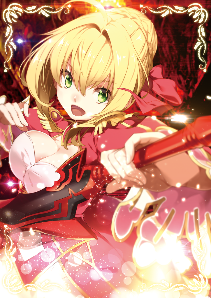 1girl :d aestus_estus bangs blonde_hair blush breasts cleavage commentary_request dress epaulettes eyebrows_visible_through_hair fate/extra fate_(series) green_eyes hair_between_eyes holding holding_sword holding_weapon juliet_sleeves long_sleeves looking_at_viewer medium_breasts nero_claudius_(fate) nero_claudius_(fate)_(all) open_mouth puffy_sleeves red_dress saber_extra smile solo sparkling_eyes sword v-shaped_eyebrows weapon wide_sleeves yuuzii
