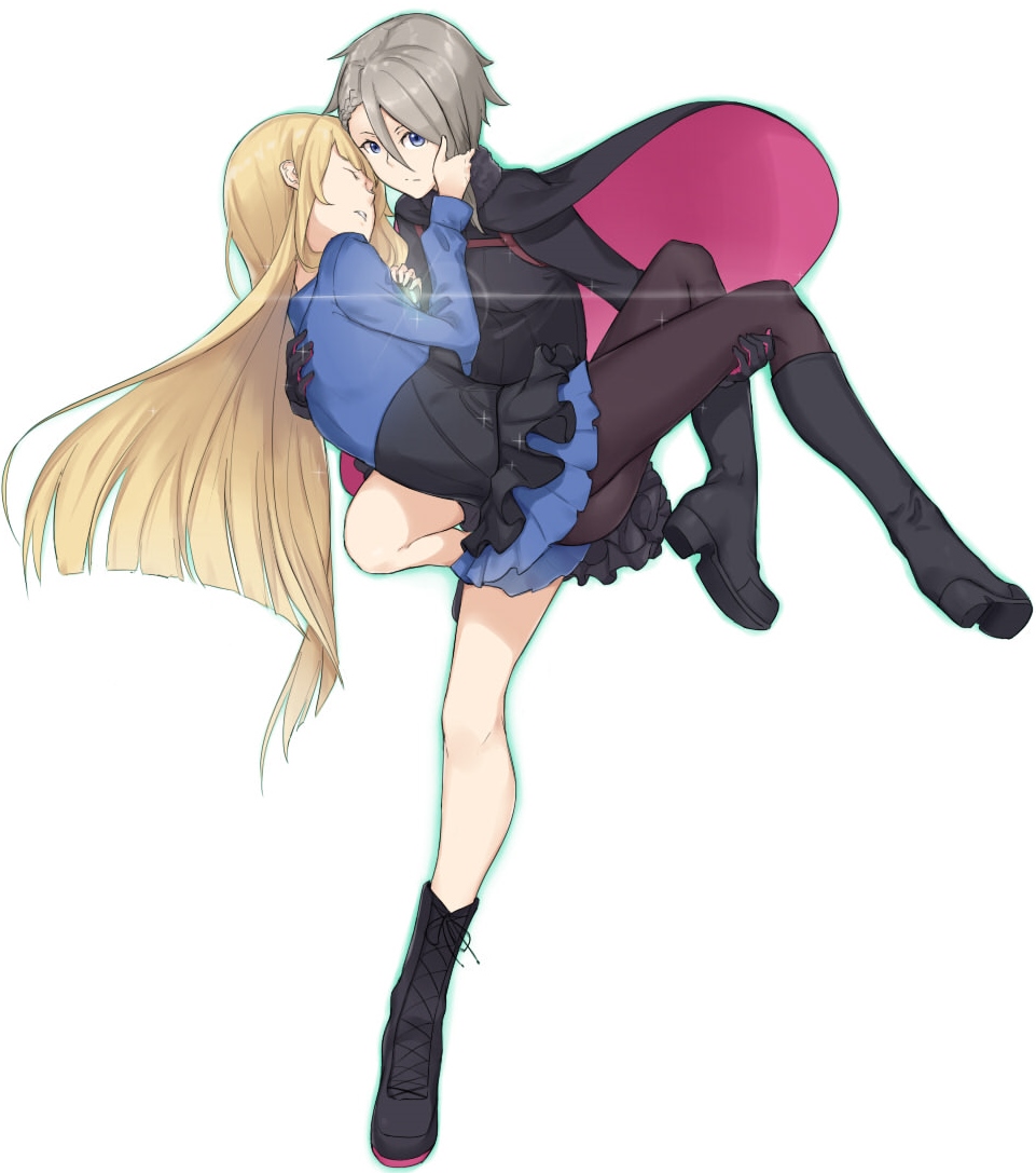 2girls ange_(princess_principal) asymmetrical_hair black_cape black_footwear black_gloves black_legwear black_skirt blonde_hair blue_eyes blue_skirt braid cape carrying closed_eyes cross-laced_footwear frills glint gloves grey_hair hand_on_another's_cheek hand_on_another's_face long_hair multiple_girls pantyhose princess princess_(princess_principal) princess_carry princess_principal saruno_(eyesonly712) skirt standing standing_on_one_leg very_long_hair yuri