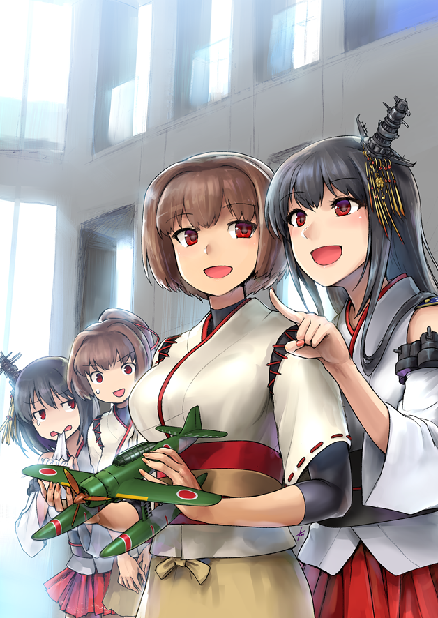 4girls black_hair breasts brown_eyes brown_hair brown_hakama detached_sleeves e16a_zuiun ebizome fusou_(kantai_collection) hair_ornament hair_ribbon hakama headgear hyuuga_(kantai_collection) ise_(kantai_collection) japanese_clothes kantai_collection long_hair medium_breasts multiple_girls nontraditional_miko open_mouth ponytail red_eyes ribbon seaplane short_hair skirt smile undershirt yamashiro_(kantai_collection)